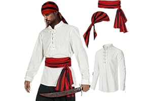 HSDOU Mens Pirate 3 Pcs Costume Set Renaissance Pirate Shirt Medieval Costume Viking