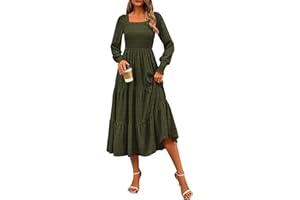 CFLONGE Women's Fall Dresses 2024 Puff Long Sleeve Square Neck Dress High Waist Smocked A-Line Flowy Wedding Party Maxi Dress