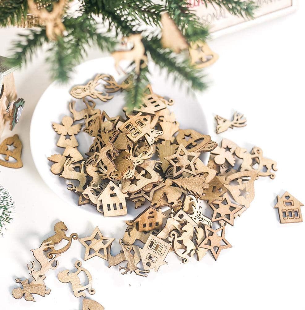Rifflily 100PCS Creative Christmas Santa Snowman Wood Chip Jewelry Wooden Christmas DIY Gadgets Tree Pendant with Wooden Dotted Openwork Veneer Sliced Wooden Tag