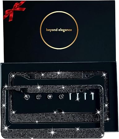 Amazon Beyondelegance 車用キラキラナンバープレートフレーム 2パック 手作り ラブリーラグジュアリー ラインストーン かわいいカバー レディース メンズ プレミアムギフトボックス ガラス ダイヤモンドタグ 盗難防止キャップ ブラック ナンバーカバー ホルダー