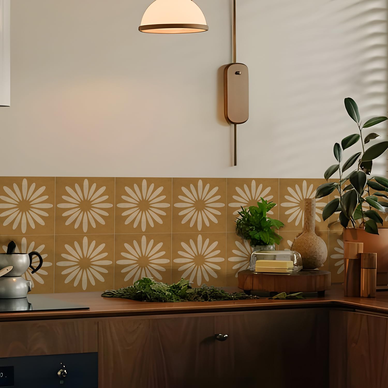 Photo 1 of Alwayspon 25PCs Peel and Stick Tile Transfer Stickers, Brown White Floral Tile Decal Self-Adhesive Vinyl Backsplash Stick on Tiles for Kitchen Bathroom, 15cm/6inch