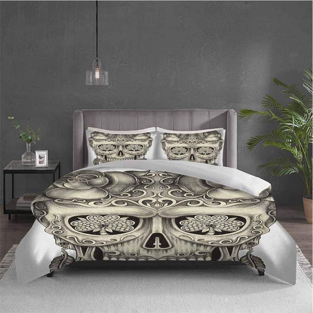Dolores Edmund Day of The Dead 3-Pack (1 Duvet Cover and 2 Pillowcases) Bedding Spanish Sugar Skull with Roses Dragonfly Eyes Feather and Earrings Artwork Polyester (Full) Grey Ivory