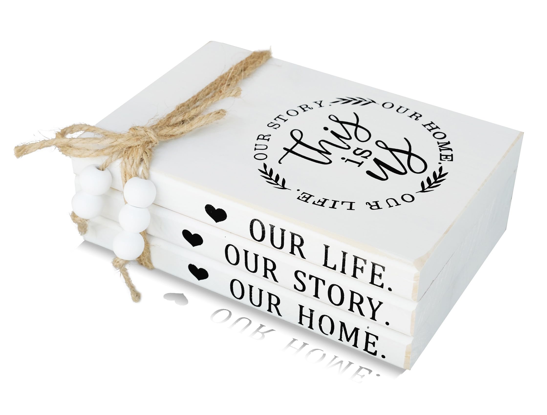 GNIYNAY Wooden Faux Decorative Books Stack for Home Decor - White Modern Decorative Books for Shelf Coffee Table Mantle or Tray - This Is Us Our Life Our Story Our Home