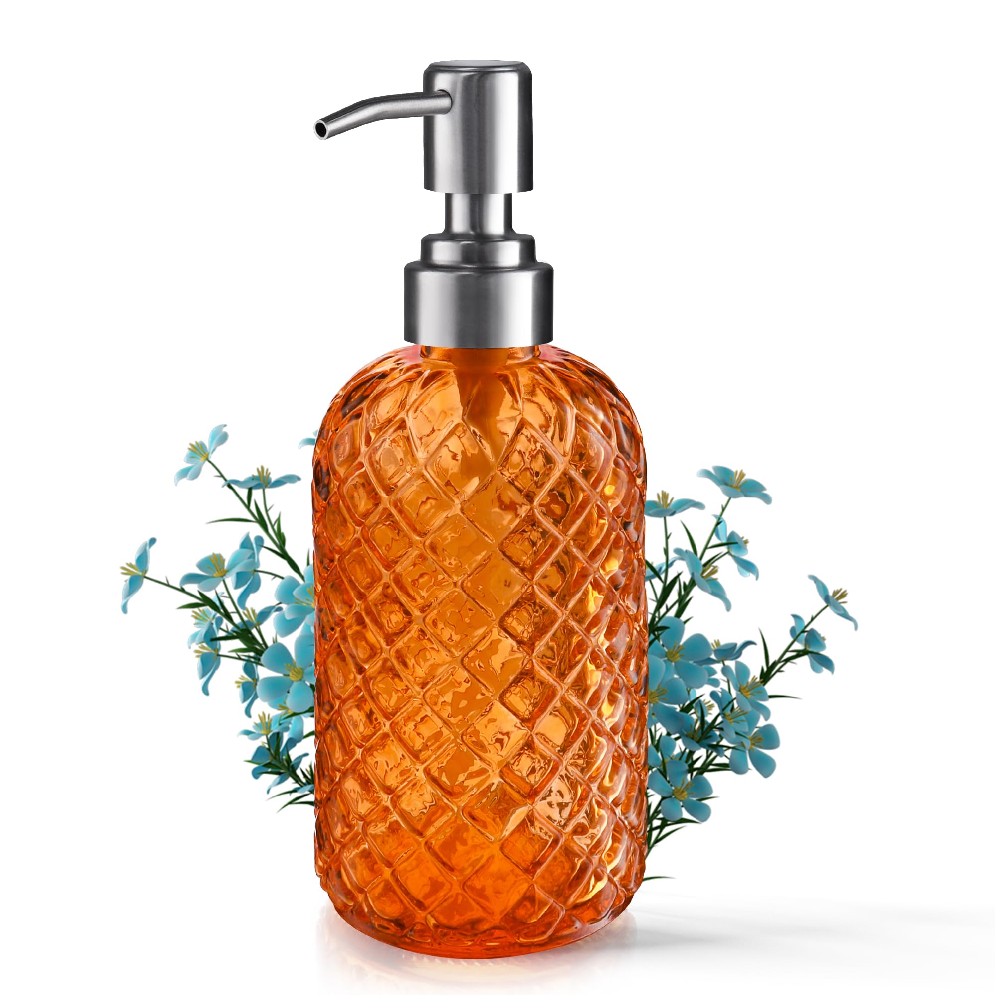 14 Oz Refillable Glass Soap Dispenser with Rust Proof Stainless Steel Pump, for Dispense Hand soap, Body wash, Lotion (Orange)