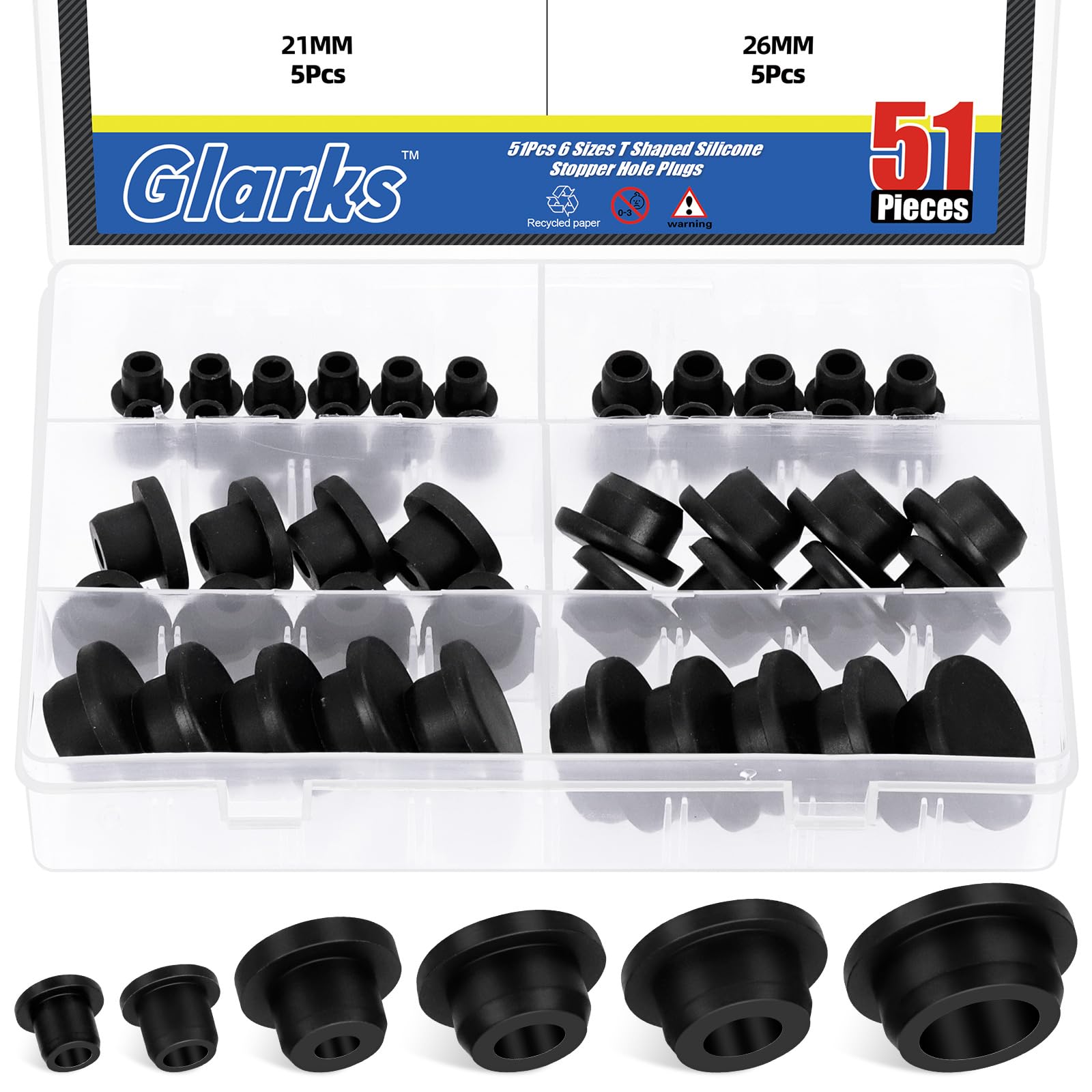 Glarks 51pcs 6 Sizes Hollow Silicone Hole Plug Set, Black High Temp Silicone Plug, T Shaped Stopper Hole Plug, Round Hole Flexible Stopper for Wire Cable, Hole Plugs, Automotive, Water Pipe