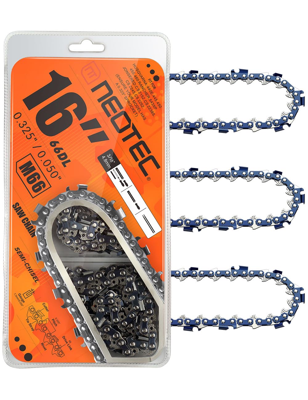 NEO-TEC 3 Pack 16 Inch Chain Saw Chain 0.050" Gauge 0.325" Pitch 66 Drive Links, Fits for 435, 445, 450E, 543XP and more - M66 Image NEO-TEC 3 Pack 16 Inch Chain Saw Chain 0.050" Gauge 0.325" Pitch 66 Drive Links, Fits for 435, 445, 450E, 543XP and more - M66 Image