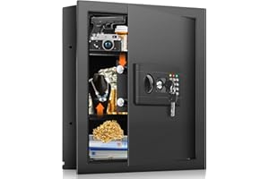 NEBAKNE 17.72" Tall Fireproof Wall Safes Between the Studs 16" Centers, Hidden Wall Safe with 2 Removable Shelf & Hidden Tray, Heavy Duty Wall Mount Safe for Firearms, Money, Jewelry, Passport Black