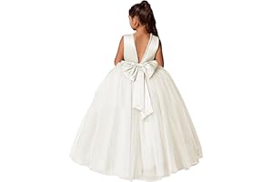 MCieloLuna Flower Girls Dresses for Wedding Satin Tulle Princess Pageant Dress Kids Pearls Prom Ball Gowns with Bow-Knot
