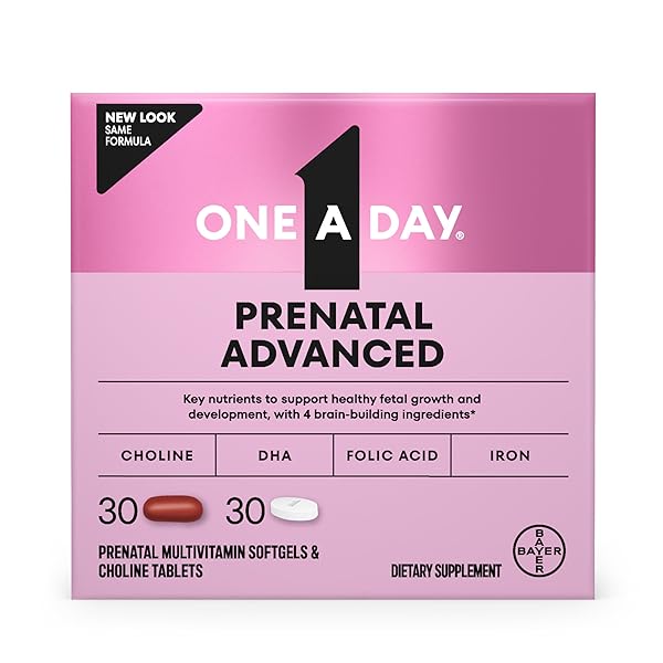 ONE A DAY PRENATAL ADVANCED- PRENATAL VITAMINS WITH FOLIC ACID, CHOLINE, DHA & IRON, PREGNANCY VITAMINS FOR WOMEN TO SUPPORT BABY’S DEVELOPMENT, 30+30 CT (60 TOTAL SET) (PACKAGING MAY VARY)