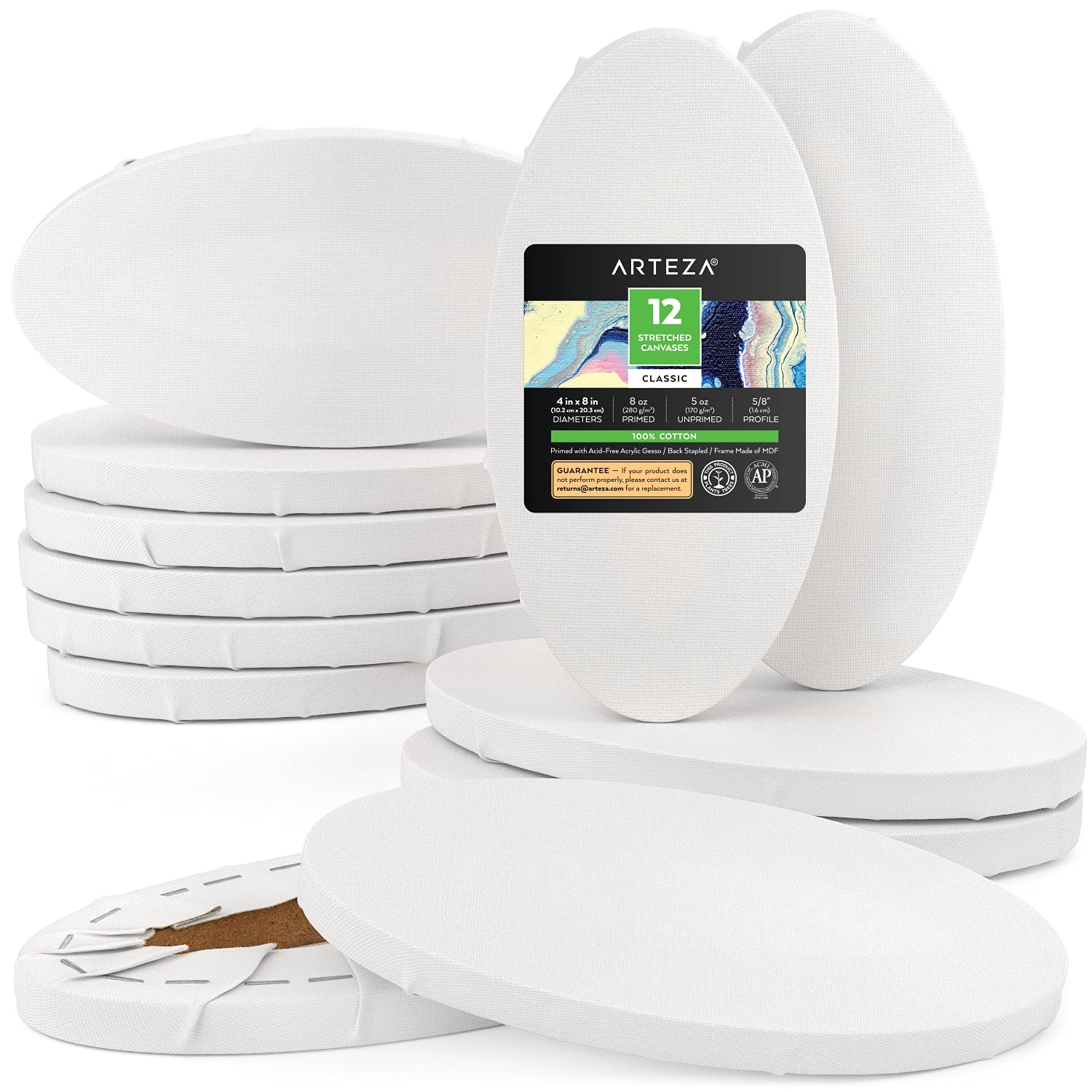ARTEZA Oval Stretched Canvas Set, 12 Pack, 10 x 20.3 cm, 100% Cotton, 8 oz Gesso-Primed Blank Canvases, Art Supplies for Acrylic and Oil Painting