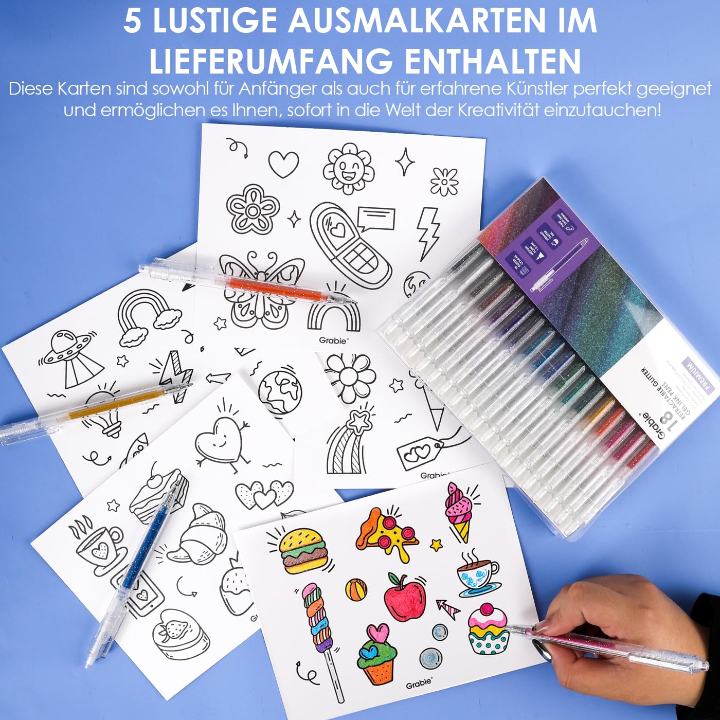 Grabie Glitzer Gelstifte, 18 Farben, metallisch leuchtende Glitzer stifte zum Ausmalen, einziehbare kugelschreiber für Erwachsene, farbige stifte für Zeichnungen 4
