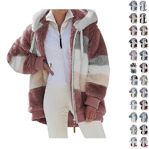 Womens Fall Jackets Fluffy Hoodies Women Comfortable Plus Size Soft Plush Hooded Casual Zipper Pockets Think Jackets Loose Long Block Drawstring Tops Warm Fleece Coats Zip Up for Women # Red S