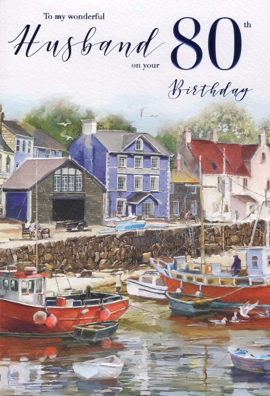 For a Special Husband on Your 80th birthday card, Red and Metallic, 9" x 6" (23cm x 15cm)