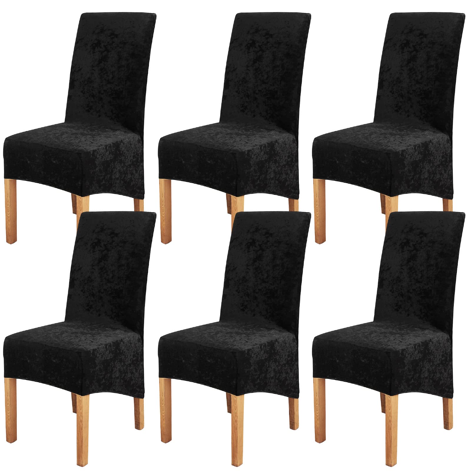 Crushed Velvet Large Size Dining Chair Covers Set of 6,Dining Room Chair Slipcovers,Stretch Elastic Removable Washable High Back Chair Covers for Dining Room,Hotel,Kitchen,Home(Black,Pack of 6)