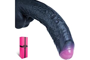 2.3" Diameter Dual Density Real Skin Silicone Dildo with Suction Cup, 12.2" Realistic Curved Black Uncut Foreskin Thick Giant