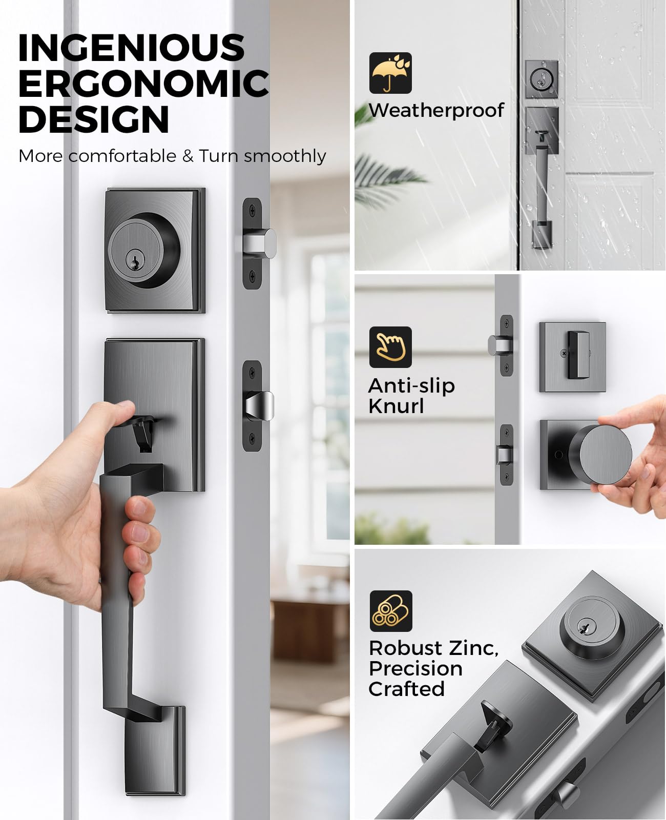 Condition photo showing New/Like New for mensarix front door handle and deadbolt set, steel gray front door lock set with modern knob, exteri