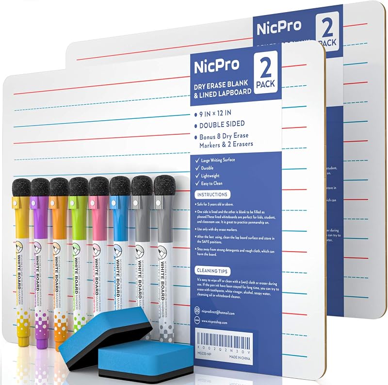 Nicpro 2 Pack Mini Whiteboard A4 22x30 cm Double Sided Lapboard with 8 Pens
