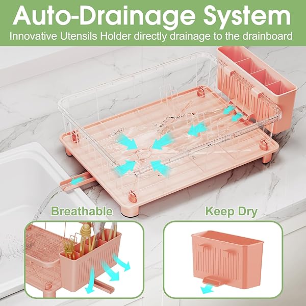 HIVIWEER PINK DISH DRYING RACK – SPACE-SAVING DISH RACK,DISH RACKS FOR KITCHEN COUNTER WITH DRAINBOARD, BIRTHDAY CHRISTMAS DAY MOTHERS DAY THANKSGIVING GIFTS FOR MOM GRANDMA WIFE KITCHEN ENTHUSIASTS