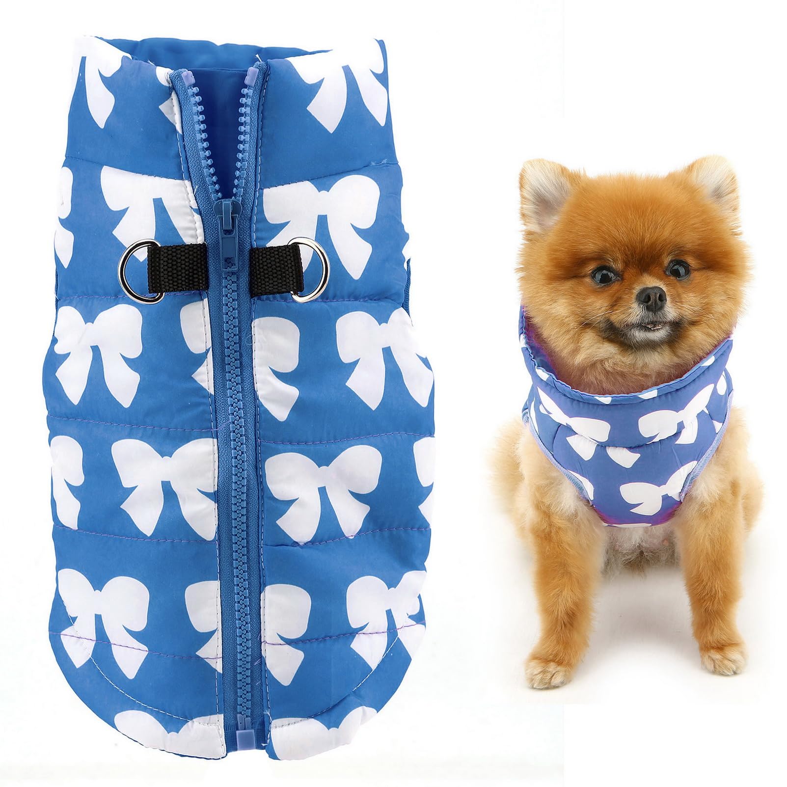 SMALLLEE_LUCKY_STORE Pet Water Resistant Winter Jacket Vest with D-ring for Small Dog Cat Zip-up Padded Puppy Coat Chihuahua Yorkie Kitten Warm Clothes, Dark Blue, M