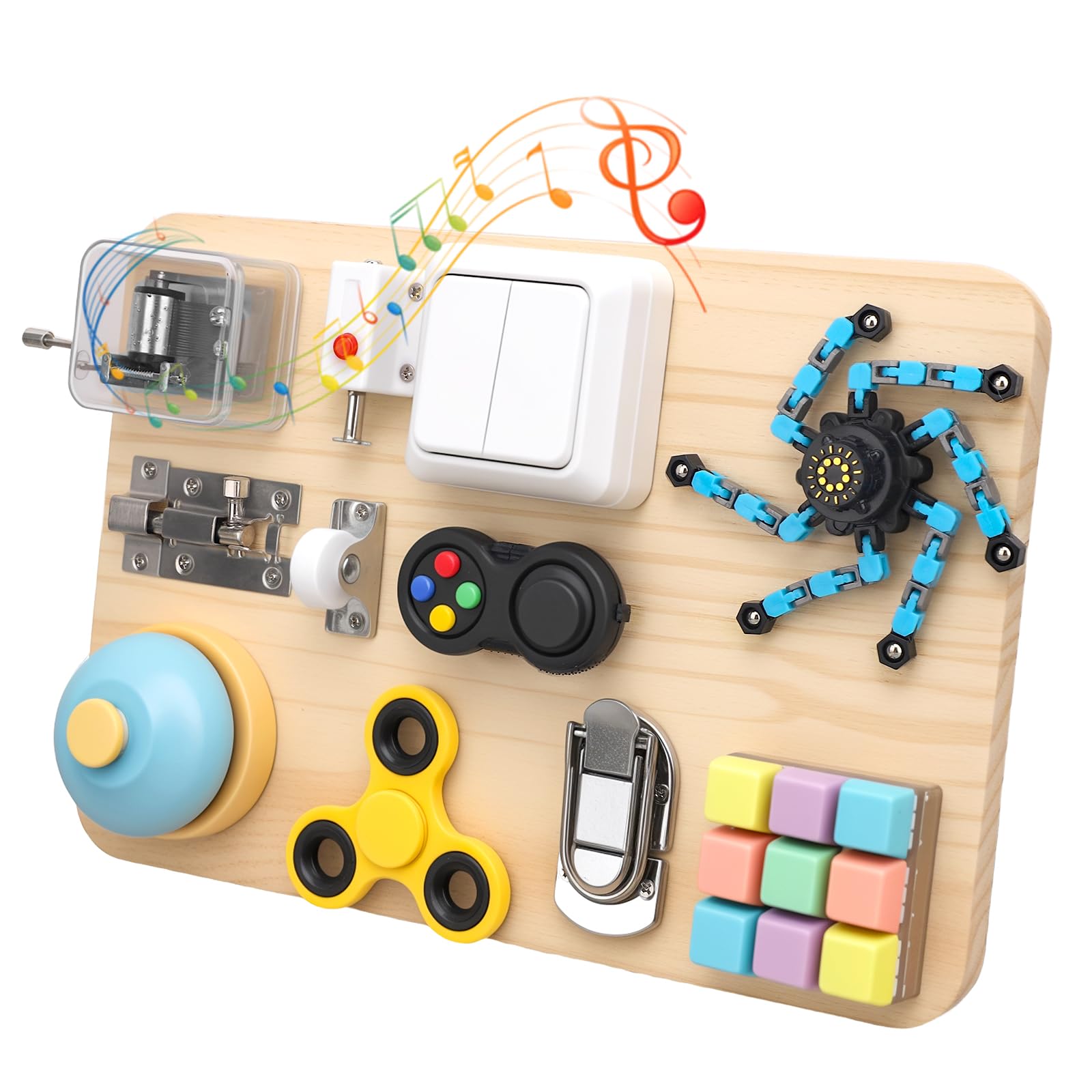 Photo 1 of ***MINOR DAMAGE*** Fidget Spinner Board Busy Toy for Kids Age 3-12, Montessori Gadget for Boys Girls- Musical Fidget Pad Wooden Sensory Activity Board - Focus Toy Motor Skills Christmas Stocking Stuffer Gift
