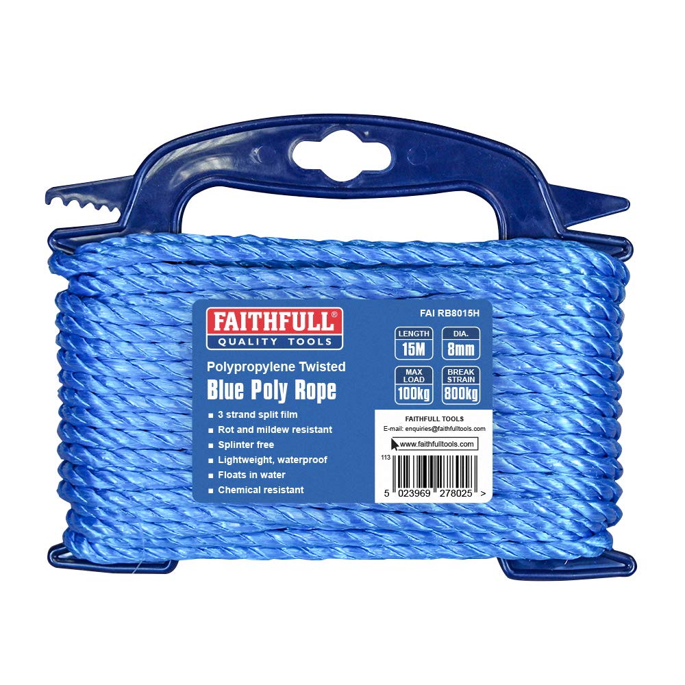 Faithfull FAIRB8015H Blue Twisted Poly Rope Hasp 8mm Dia x 15M Max Load: 100kg, Breaking Strain 800kg