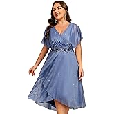 Ever-Pretty Plus Women's V Neck Short Sleeves Pleated Applique High Low Glitter Midi Plus Size Wedding Guest Dresses