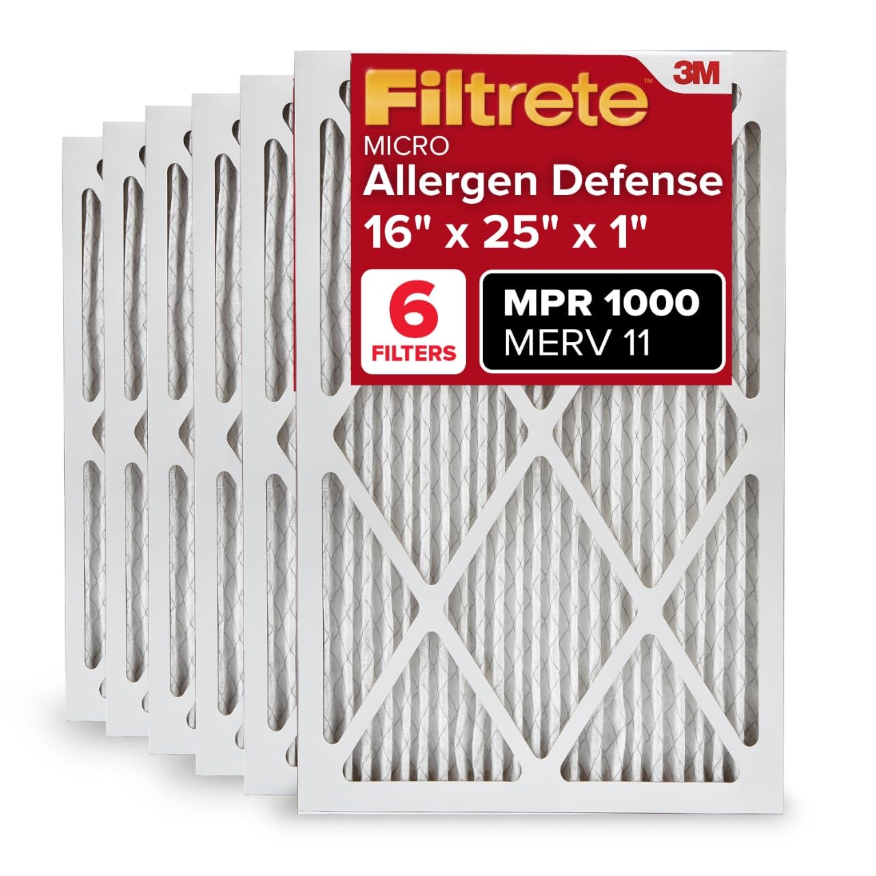 Filtrete 16x25x1 AC Furnace Air Filter, MERV 11, MPR 1000, Micro Allergen Defense, 3-Month Pleated 1-Inch Electrostatic Air Cleaning Filter, 6 Pack (Actual Size 15.69 x 24.69 x 0.81 in) Image