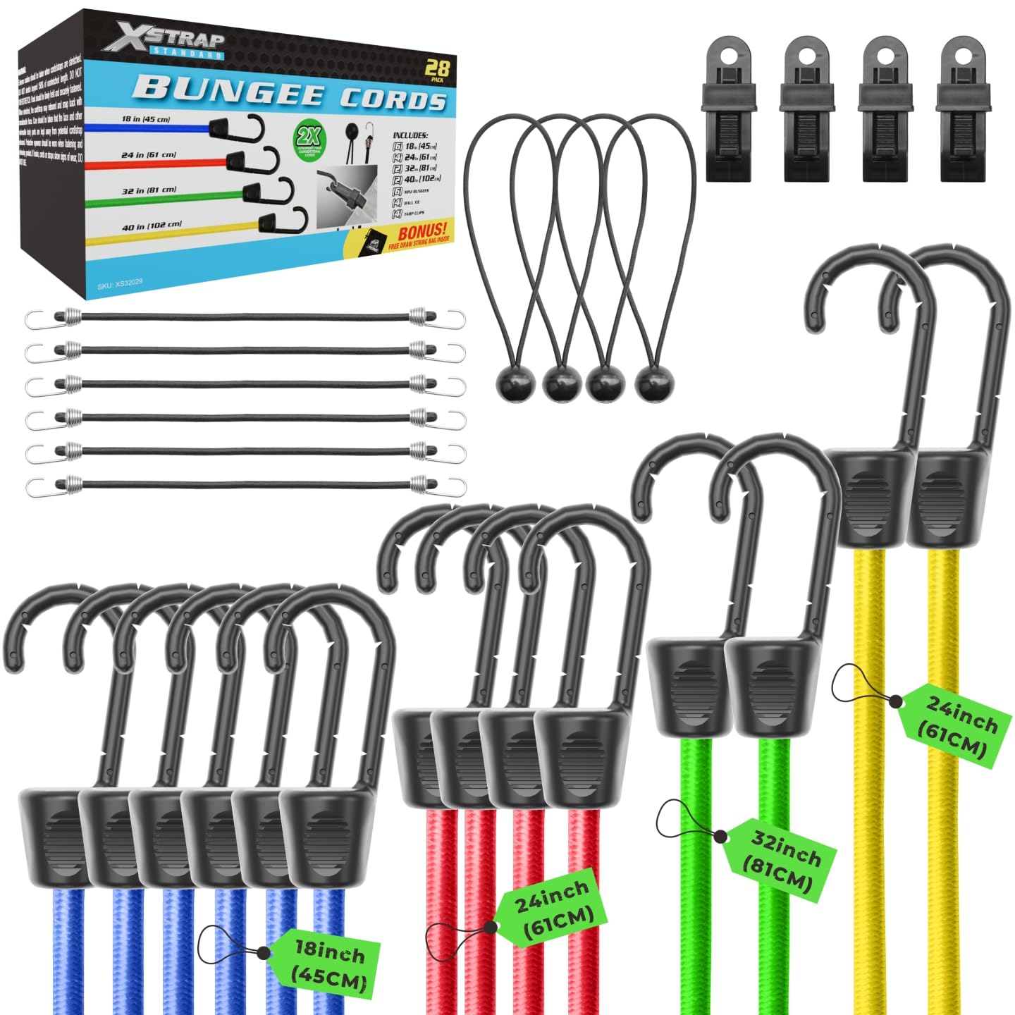 Photo 1 of XSTRAP STANDARD Bungee Cords Set 28 Pieces - Includes 18”, 24”, 32”, 40” Bungee Cords and 6 pcs 10'' Mini Bungees, 4 pcs 9'' Ball Ties, 4 pcs Tarp Clips