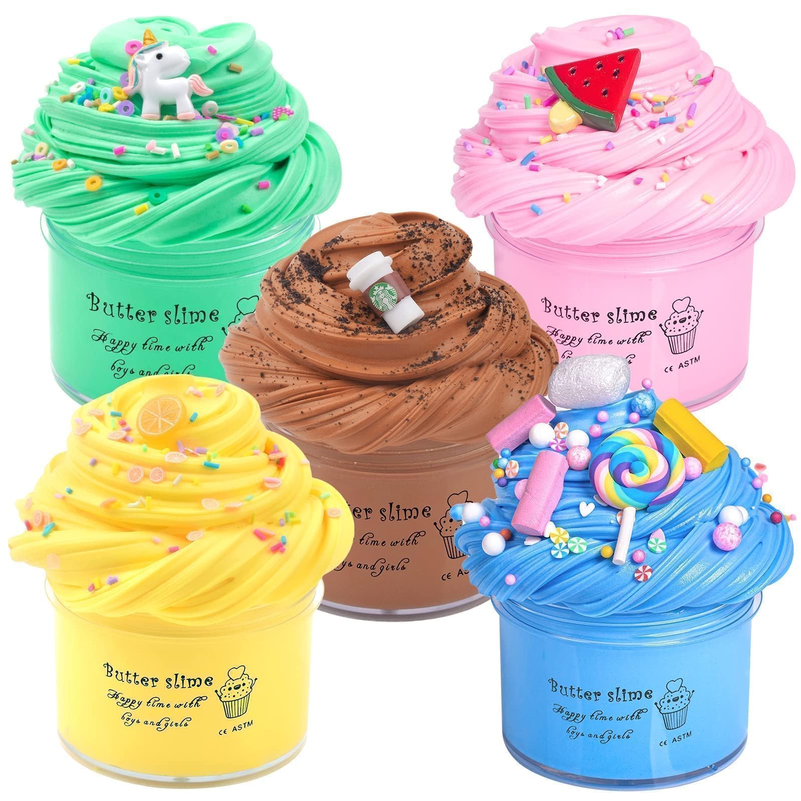 5 Pack Butter Slime Kit, Scented Candy Making Slime Party Favors for Girls and Boys, DIY Putty Bulk Toys for Kids, Soft Stretchy & Non-Sticky, Cute Stuff, Basket Stuffers