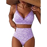 Herseas Women's Embroidered Flowers Bikini Sets Scalloped V Neck Swimsuits High Waisted Bathing Suits