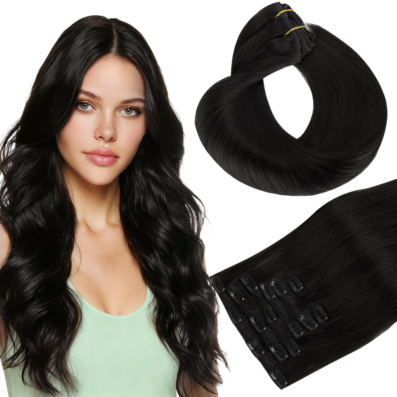 Clip in Hair Extensions, hotbanana Jet Black Clip in Hair Extensions Real Human Hair Straight Remy Hair Clips in Hair Extension 18inch 120g 7pcs