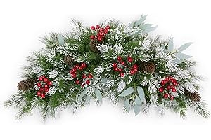 SHACOS 25" Artificial Snowy Christmas Swags Flocked Pine Swag with Berries Pine Cones, Leaves, for Mailbox Door Windows Wall Mantel Mirror Stair Holiday Decor Indoor Outdoor