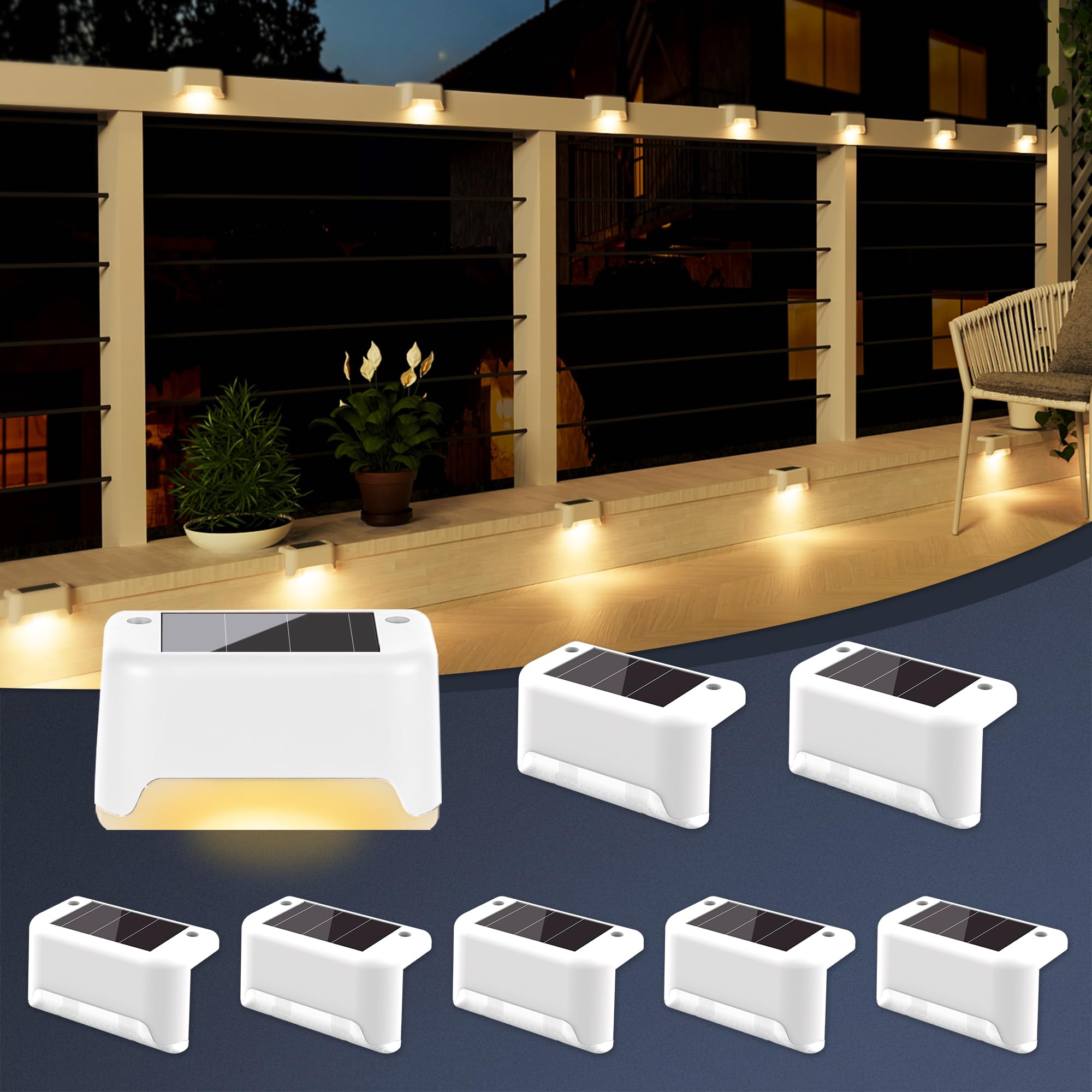 GIGALUMI Solar Fence Lights Outdoor Garden, 8 Pack Solar Step Lights, Waterproof Deck Decorative Lighting for Stairs, Yard, Patio, Gutter, Garden, Pathway Decoration (White, Warm White)