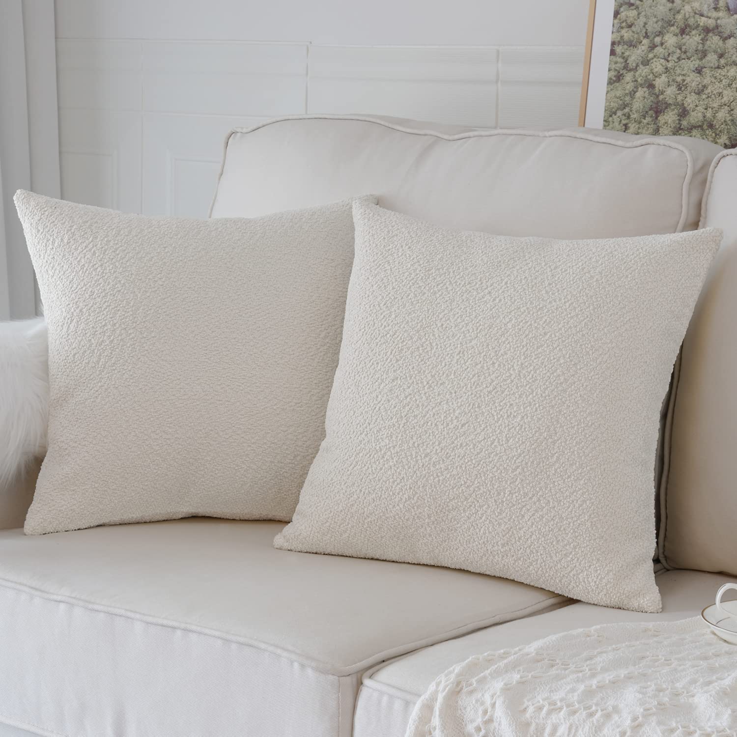Photo 1 of Artcest Set of 2 Decorative Boucle Like Square Throw Pillow Covers, Large Comfy Elegant Textured Zippered Cushion Cases for Couch Bed and Living Room Decor, 20"x20" (Ivory)