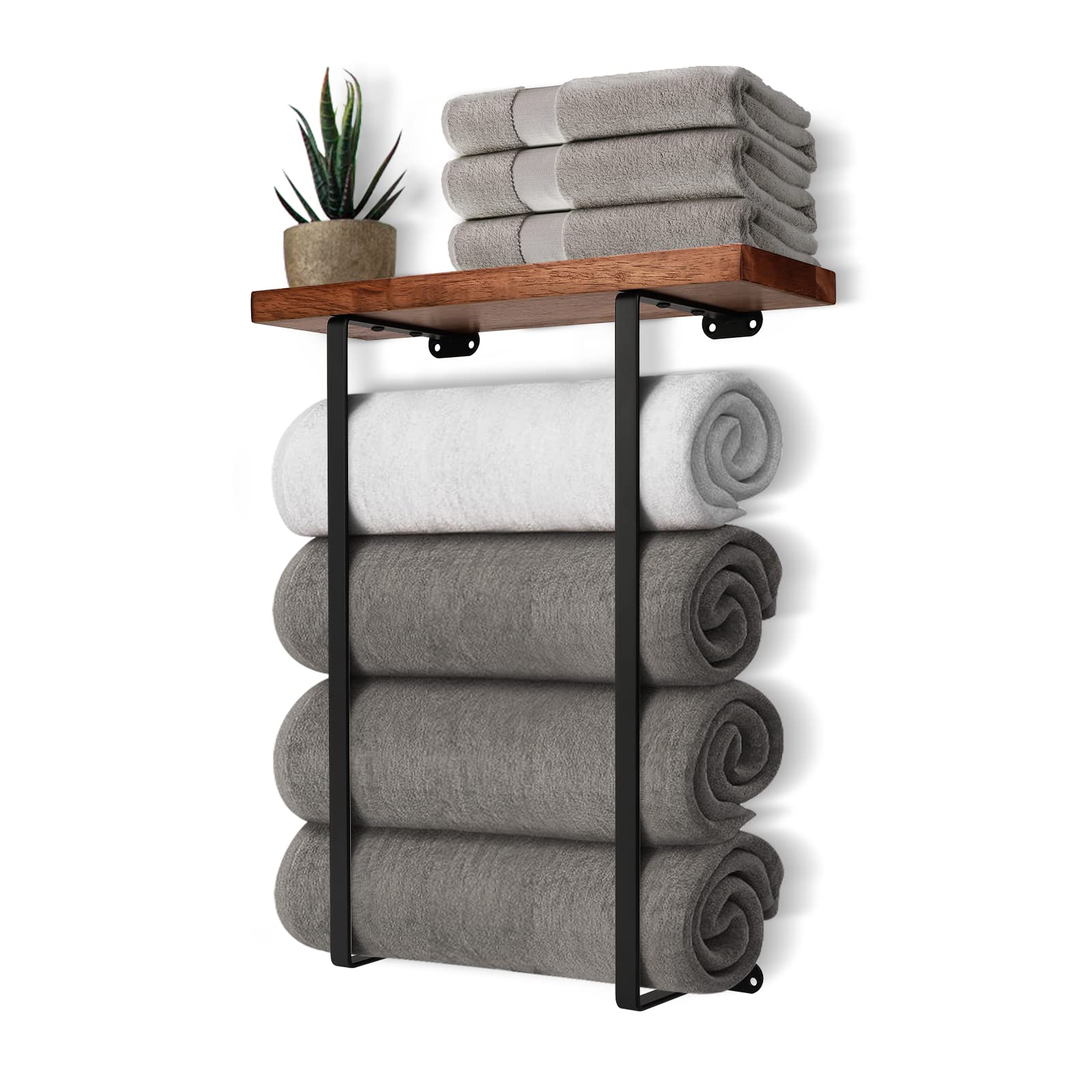 Photo 1 of DAZUINIAO Towel Racks for Bathroom Wall Mounted with Wooden Shelf Bath Towel Holder for Rolled Towels Metal Towel Storage Organizer for Small Bathroom Decor or RV Camper Black