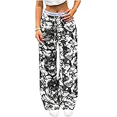 SOLY HUX Women's Plus Size Camo Pants Y2k Drawstring Elastic Waist Wide Leg Baggy Long Pants Trousers Streetwear