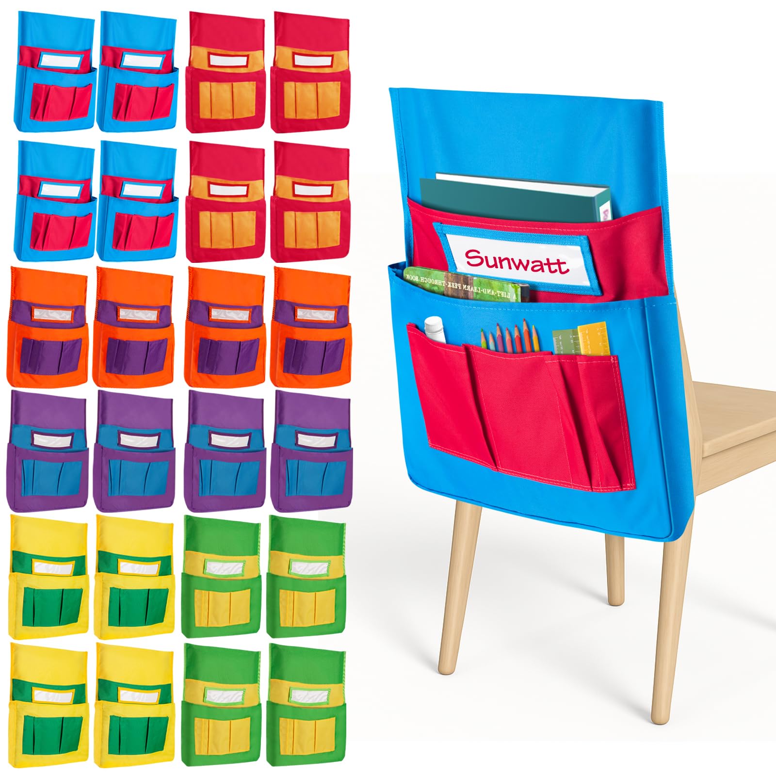 Photo 1 of AxPower 24 PCS Chair Pocket for Classroom, Chair Organizer, Student Chair back Buddy Pocket Chart, with 6 Storage Pockets and One Name Tag, Seat Storage Sack 15" W x 19" H, 6 Bright Colors