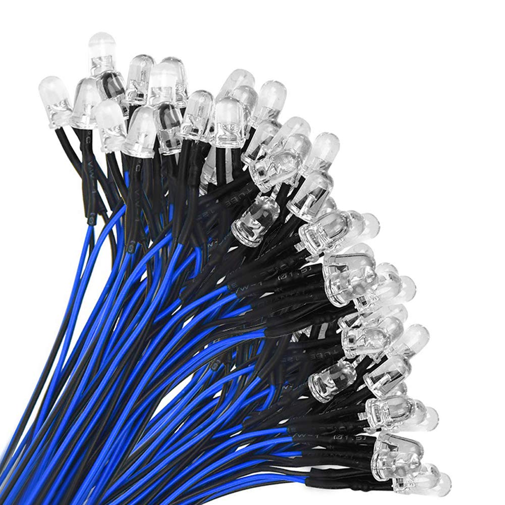 YIXISI 100 PCS 5mm LED Diodes Light, Emitting Diode, Round Head LED Lamp, Ultra Bright 12V, 20cm Pre Wired, Blue — image 1