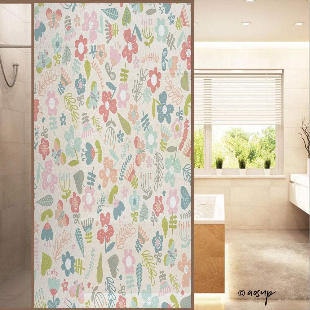 ShopHM Sticker 3D Privacy Glass Film No Glue, Abstract Flowers and Leaves,Multicolor,23.6" W x 47.2" H for Home & Office
