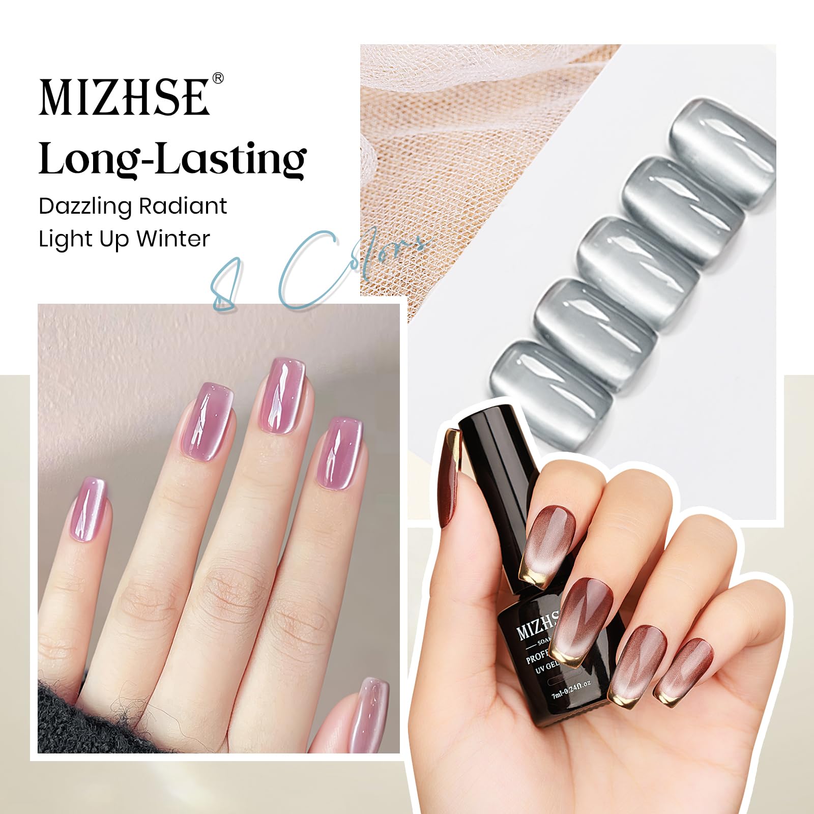 MIZHSE Cat Eye Gel Nail Polish, 8 Colors Ceramic Magnetic Gel Polish Set with Magnet Stick, Crystal Shimmery Silver Brown Green Purple Colors Nail Gel Soak Off Nail Art Salon Home Gift for Women - Image 5