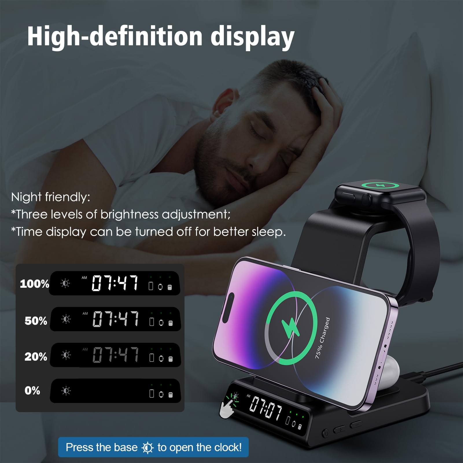 Wireless Charging Station, YiJYi 3 in 1 Watch Charger Stand with Digital Clock Suitable for iWatch SE/6/5/4/3/2/1,AirPods Pro, for iPhone 16/15/14/13/12/11 Pro Max/XS/XR/X/8/Samsung S23/S22/S21