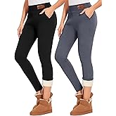 Coume 2 Pcs Women's Fleece Lined Leggings with Pockets Tummy Control High Waisted Thermal Leggings Winter Warm Yoga Pants