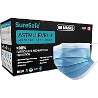 SureSafe 50 PCS ASTM Level-3 Masks Disposable, Blue face mask, Medical mask, Disposable Masks with Earloops, dust mask