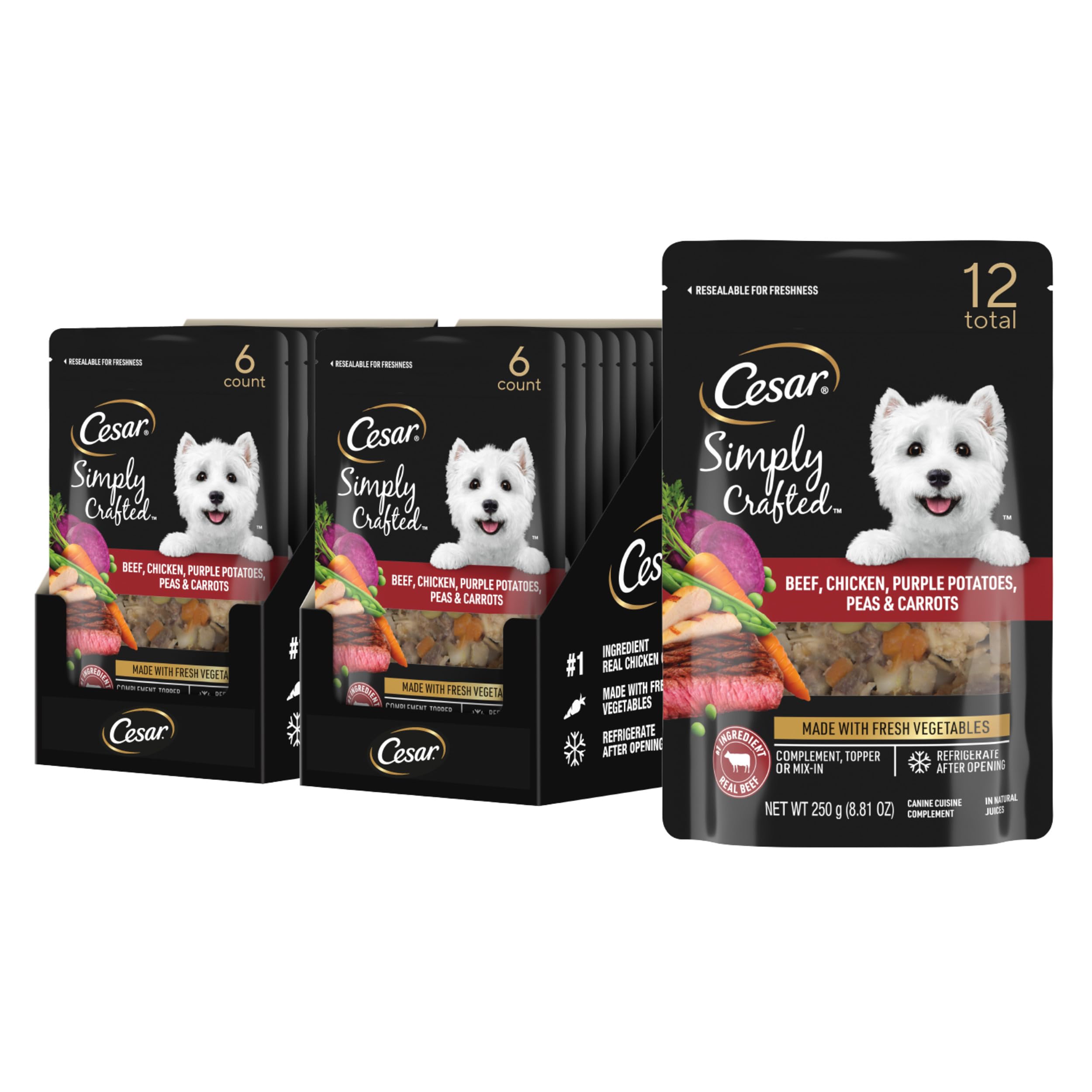Cesar Simply Crafted Wet Dog Food Topper Beef, Chicken, Purple Potatoes, Peas & Carrots, 8.82 oz. Pouch, 6 Count (Pack of 2)