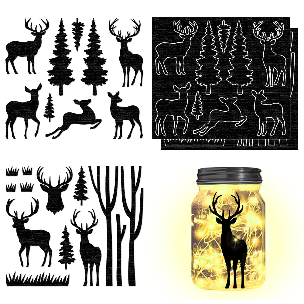 CHGCRAFT 4Pcs Forest Silhouettes Laser Cutouts Decals Deer Mason Jar Cutouts Ornaments Silhouettes Scrapbook Paper Cuts Jar Cutouts for Wall Painting Scrapbook Supplies Windows Decoration