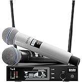 BASN Wireless Two Microphone System with UHF Dual-Channel Receiver, Metal Handheld Dynamic Mics Kit for for Karaoke Singing, Wedding, Party, Church, Speech (White/Black)