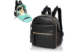 MOMINSIDE Small Diaper Bag Backpack, Mini Diaper Bag with 11 Pockets, Leather Travel Baby Bag for Baby Girls, Diaper Bag Organizers, 2 Insulated Pockets, Stroller Straps, Baby Registry (Black)