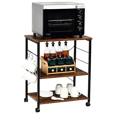 Vintage 3-Tier Rolling Microwave Stand with 10 Hooks, Metal Frame