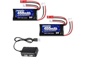 URGENEX 7.4V Lipo 2S 30C 450mAh Rechargeable Lipo with JST & PH2.0 Plug SCX24 with 1to2 USB Charger Fit for Most 1/10, 1/16, 1/18, 1/24 Scale RC Car Truck and RC Drone Airplane