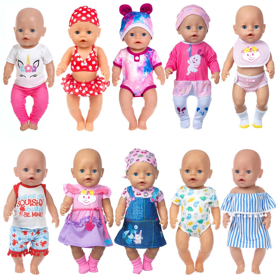 ebuddy Set of 10 Doll Clothes Accessories for 43 cm / 17 Inch Newborn Baby Dolls Including a Denim Dress Bikini Outfit (Not a Doll)
